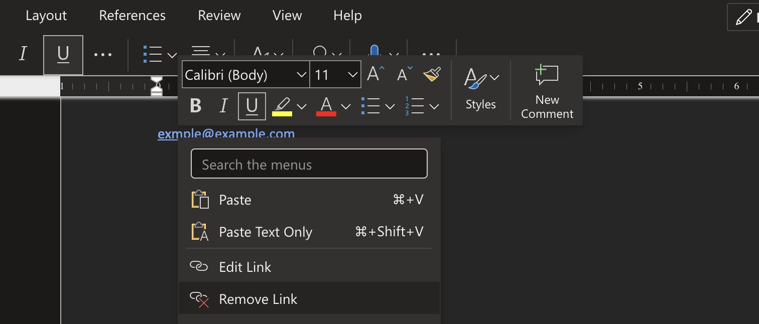 Remove link option Microsoft Word